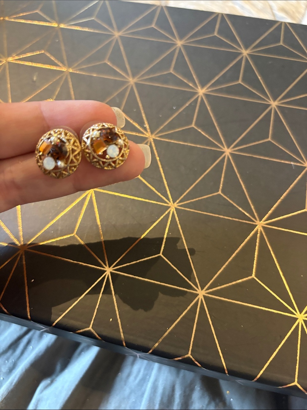 Gold Tone Brown Gem Dome Stud Earrings